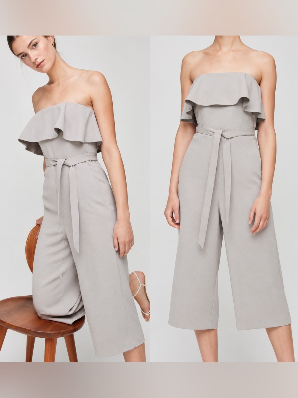 Aritzia Babaton Concrete Beton Gray Strapless Flutter Ruffle Jumpsuit Size 8 - Picture 1 of 12